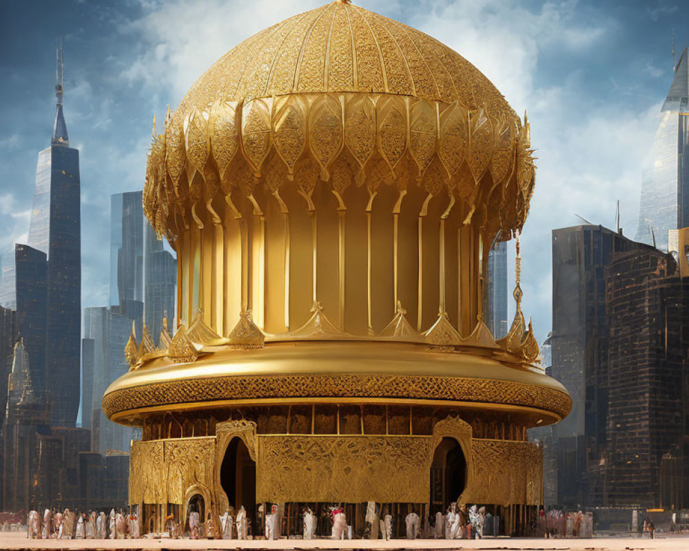 Golden dome pavilion with traditional attired people in cityscape.