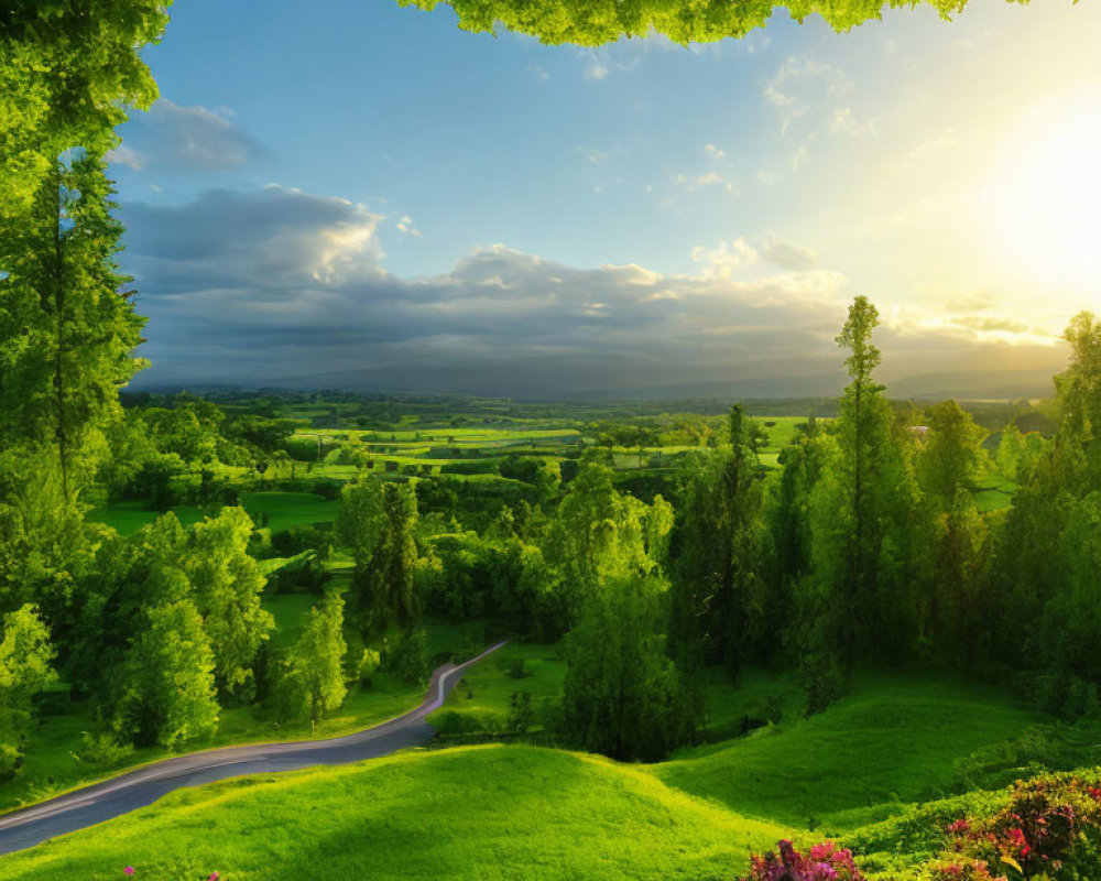 Scenic landscape with green fields, winding road, blooming flowers, trees, and dramatic sky.