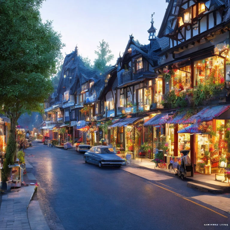 Charming Twilight Street Scene with Vintage Cars and Flowers