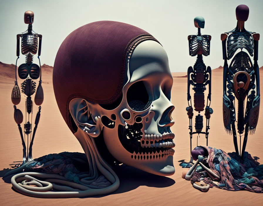 Surreal artwork: Giant skull, intricate designs, desert landscape, skeletal figures, colorful figure