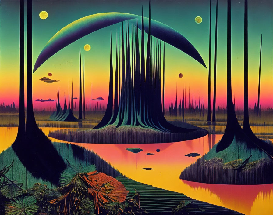 Surreal landscape with alien structures, moons, reflective river, vibrant sky