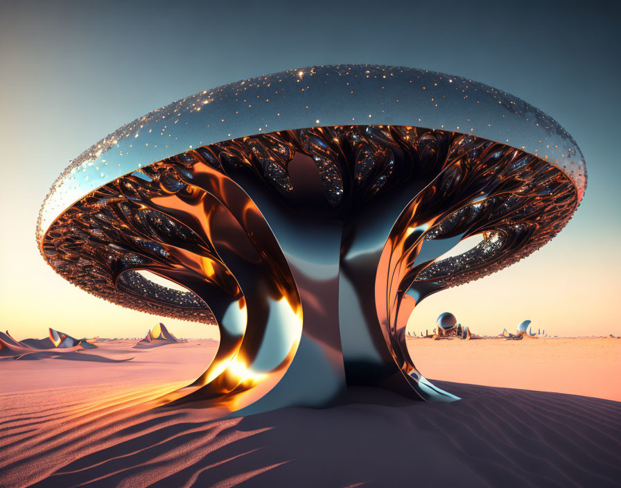 Glowing, perforated canopy on metallic trunk in surreal desert landscape