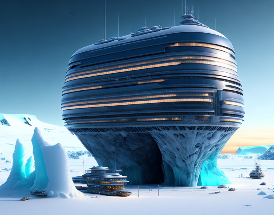 Futuristic spherical building on icy landscape with vehicles and ice formations