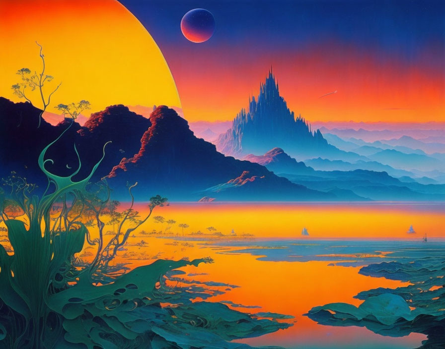 Colorful surreal landscape with oversized sun, moon, mountains, orange lake, alien plants, gradient sky