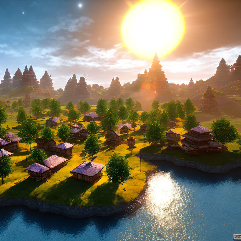 Tranquil sunset landscape with river, traditional houses, lush trees, and ancient temples