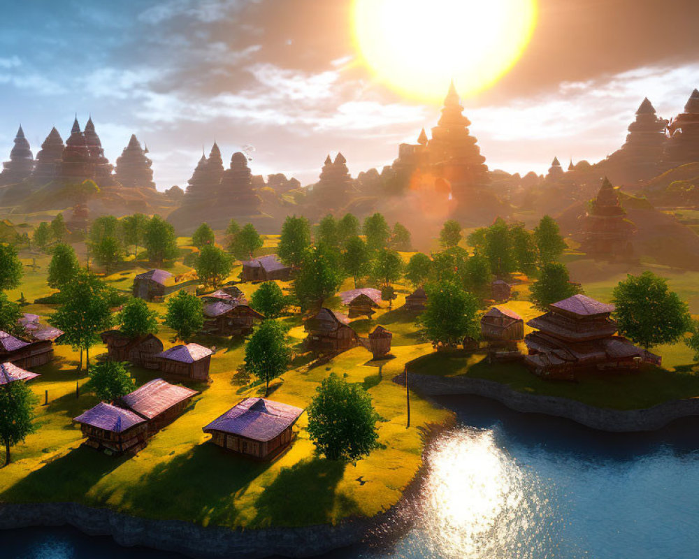 Tranquil sunset landscape with river, traditional houses, lush trees, and ancient temples