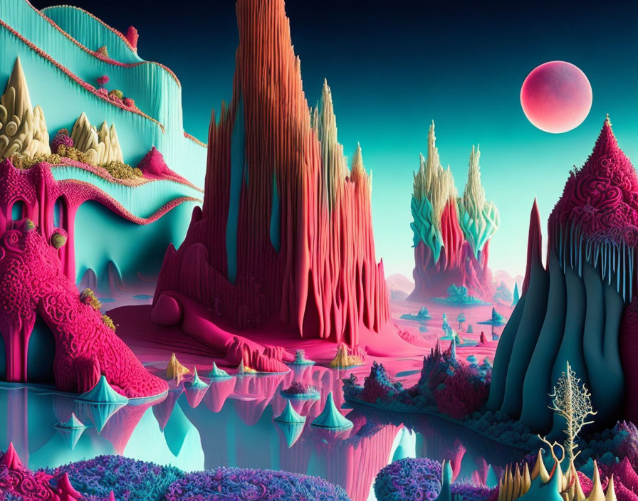 Surreal landscape with pink and teal hues, towering spires, reflective water, and a moon