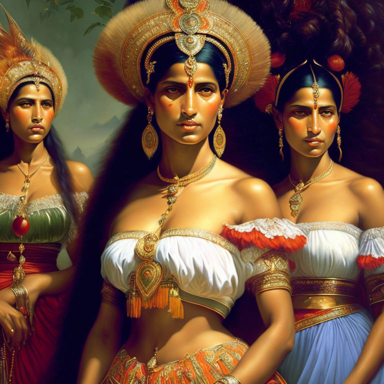 Three women in traditional Indian attire and jewelry against nature backdrop.