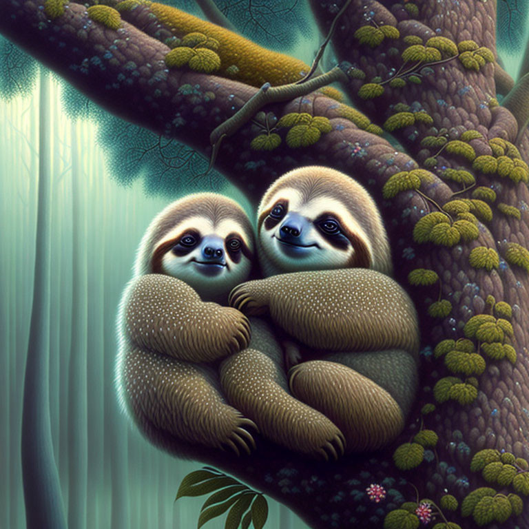 Animated sloths embracing on branch in lush, green forest setting