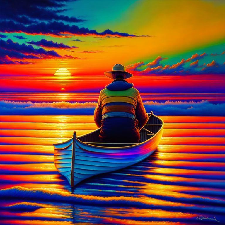 Person in hat sits in canoe at vibrant sunset on water, blending orange, blue, and yellow hues