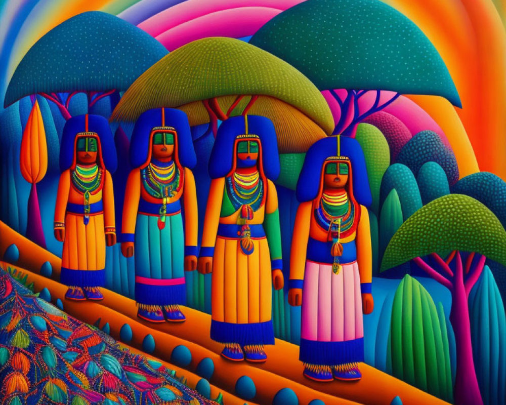 Colorful painting of four stylized figures in traditional dress under arches with whimsical trees.