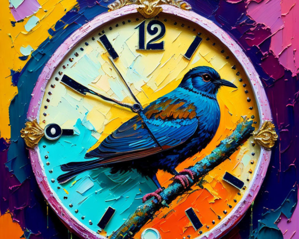Colorful Bird Painting on Clock Hand with Textured Background