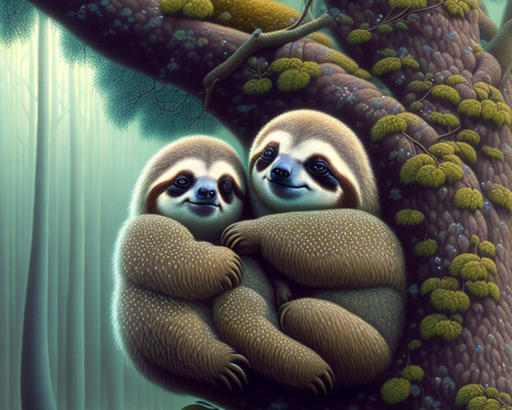 Animated sloths embracing on branch in lush, green forest setting