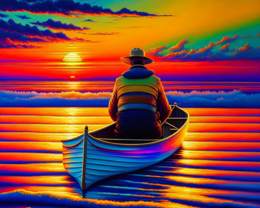 Person in hat sits in canoe at vibrant sunset on water, blending orange, blue, and yellow hues