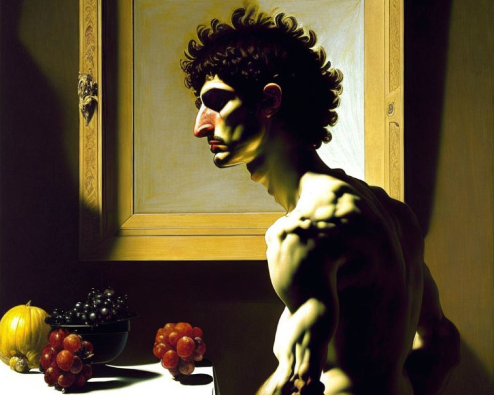 Muscular man with classical bust head, table with fruit, and framed picture in painting.