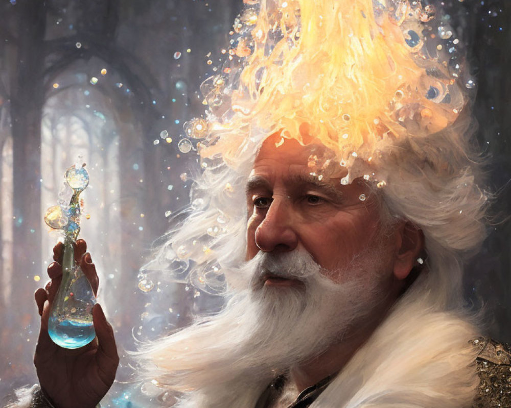 Elderly wizard examines glowing potion in forest cathedral