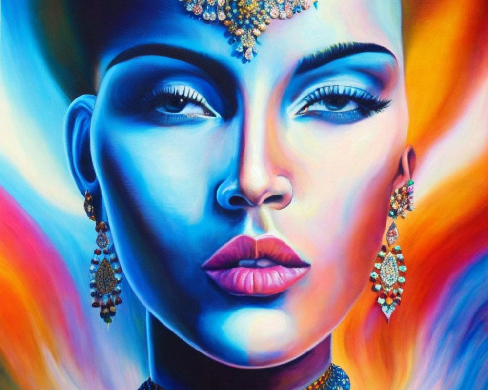 Colorful portrait of a woman with blue skin and gold jewelry against abstract background