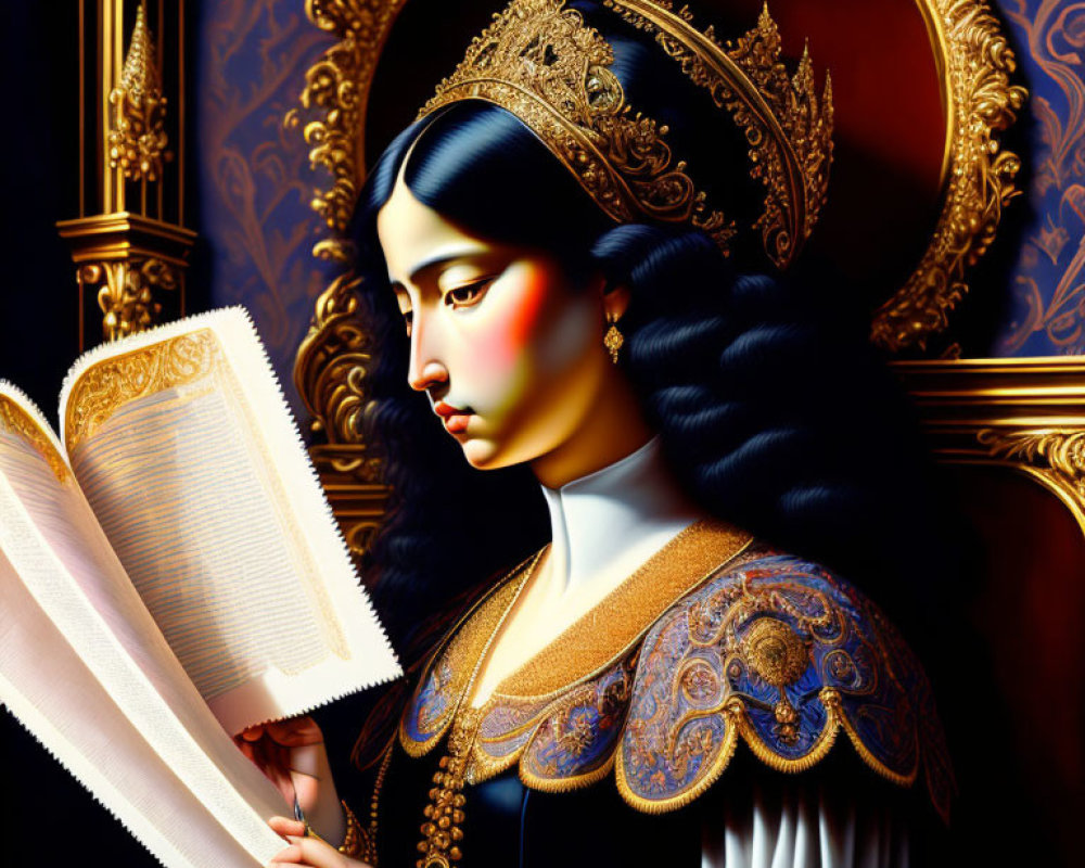 Regal figure in crown and ornate attire reading a book