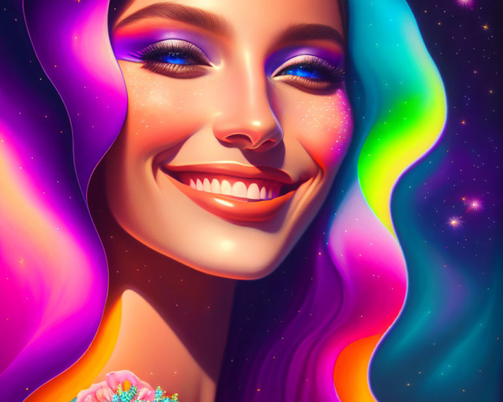 Colorful illustration: Smiling woman with rainbow hair and cosmic backdrop