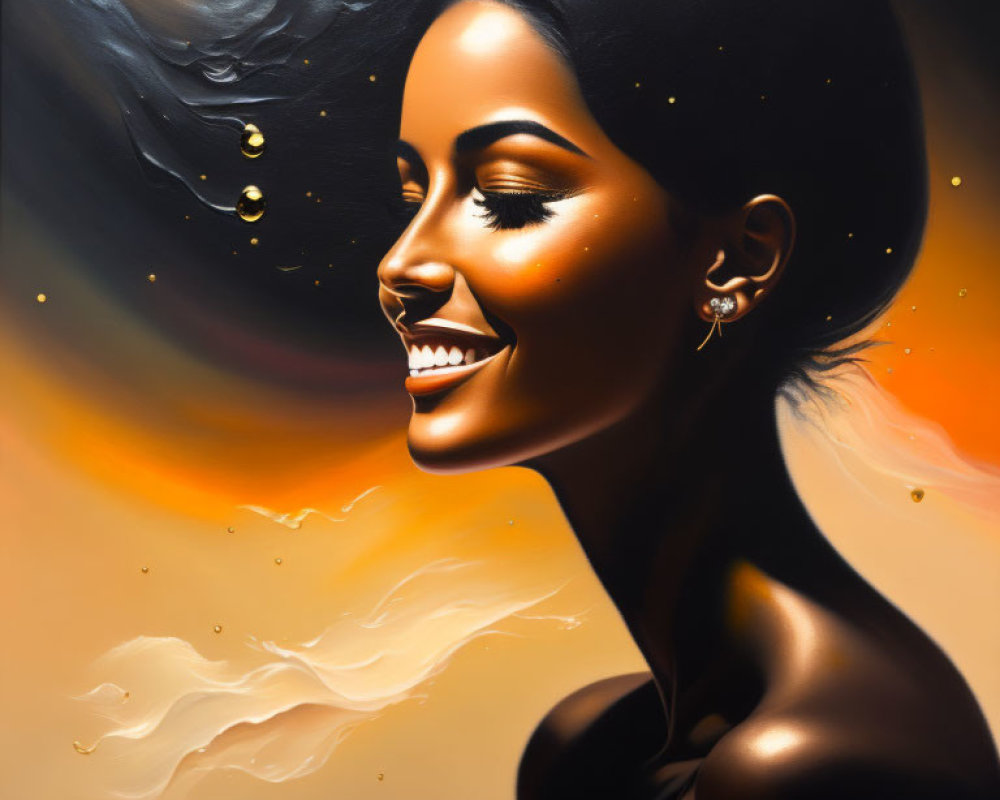 Smiling woman portrait with cosmic background and golden droplets