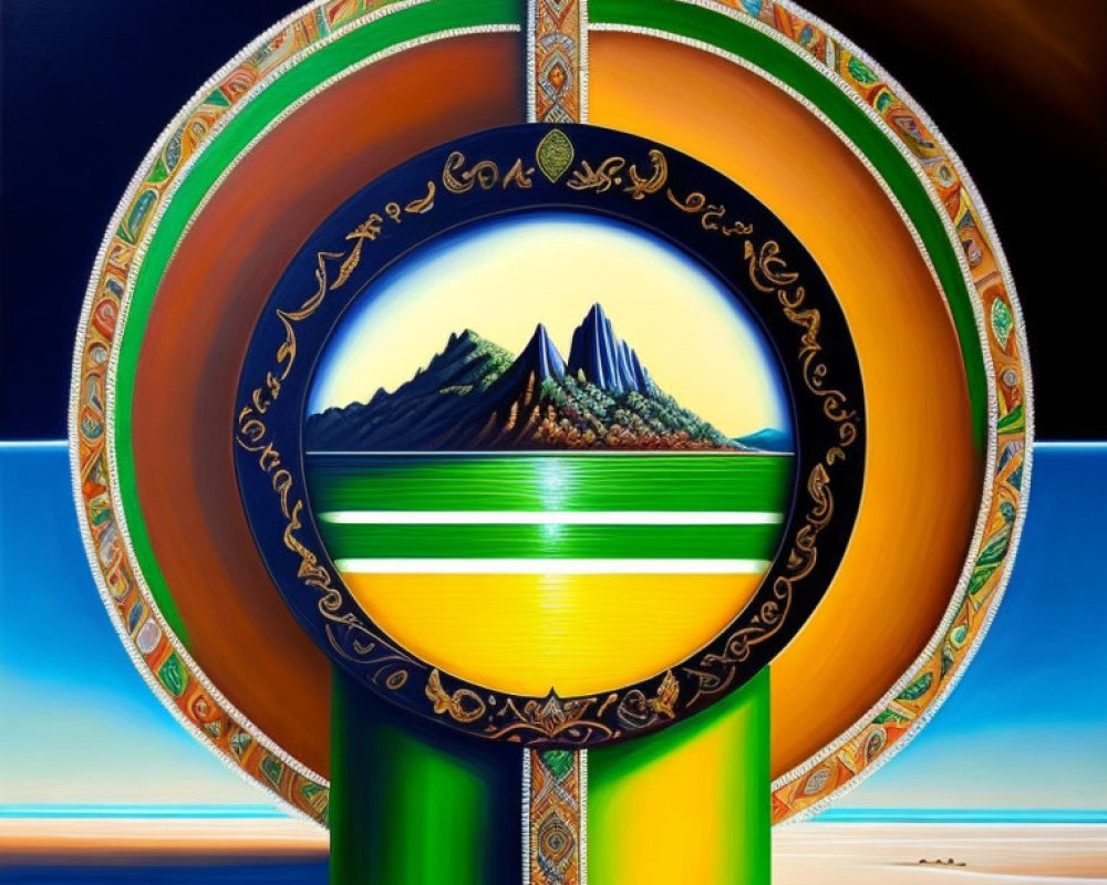 Colorful surreal painting with circular ornate frame showing mountain landscape under blue sky