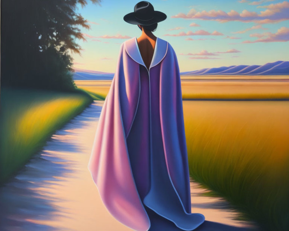 Stylized painting of figure in purple cloak and hat by serene sunset landscape