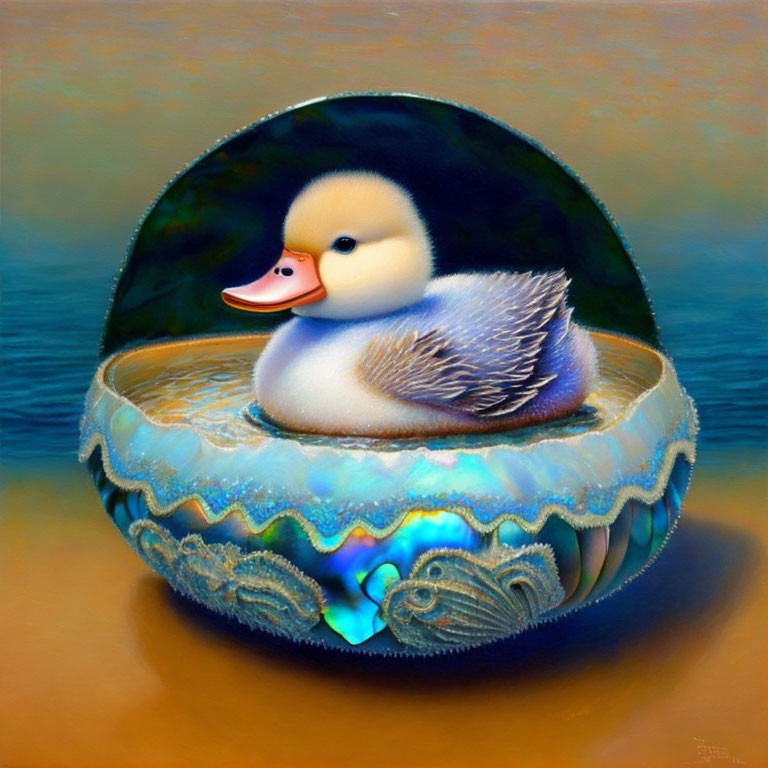 Stylized duckling in eggshell on water with ornate patterns