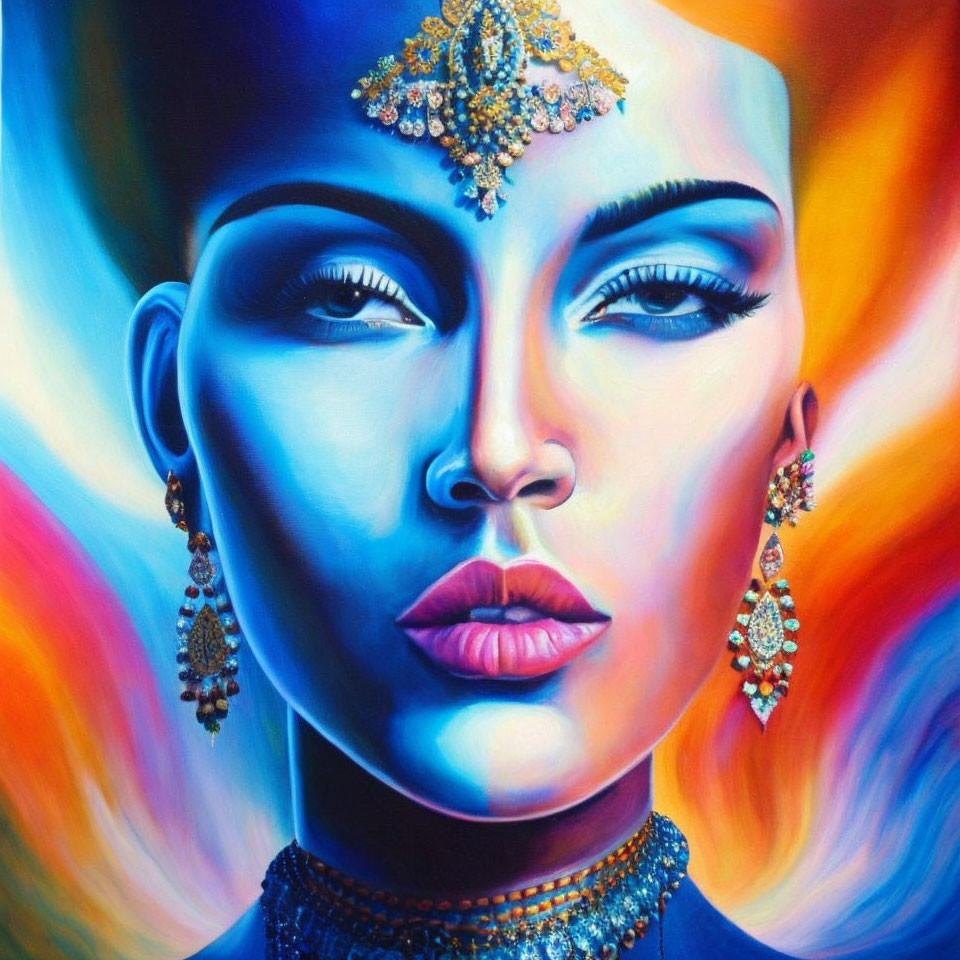 Colorful portrait of a woman with blue skin and gold jewelry against abstract background
