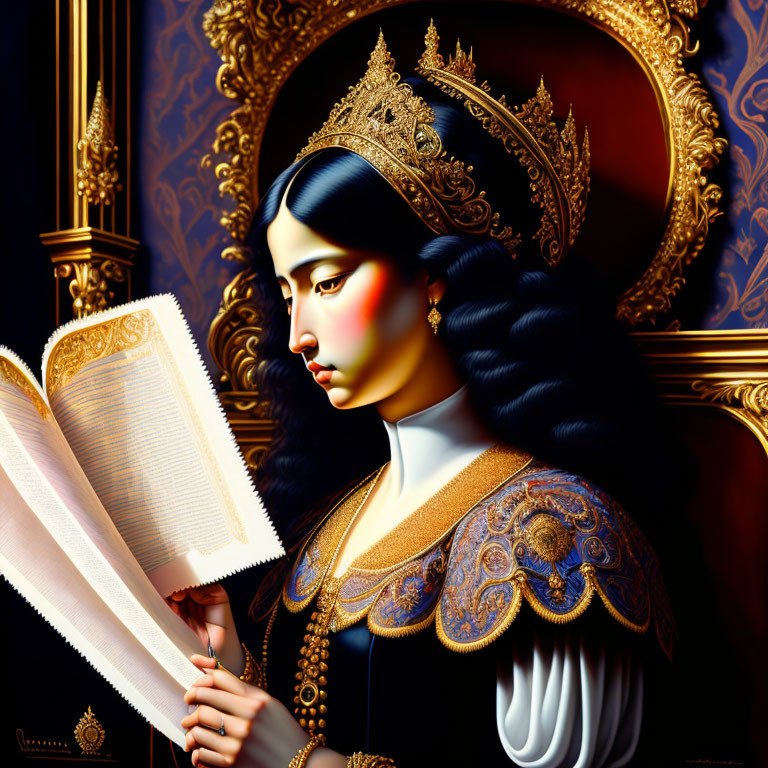 Regal figure in crown and ornate attire reading a book