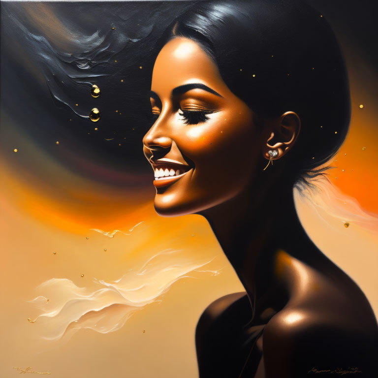 Smiling woman portrait with cosmic background and golden droplets