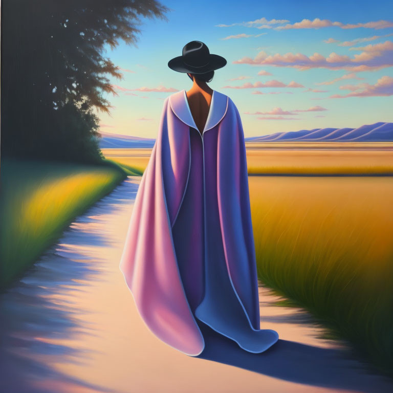 Stylized painting of figure in purple cloak and hat by serene sunset landscape