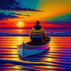Person in hat sits in canoe at vibrant sunset on water, blending orange, blue, and yellow hues