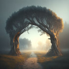 Twilight scene: Mystical archway of intertwined trees in foggy landscape
