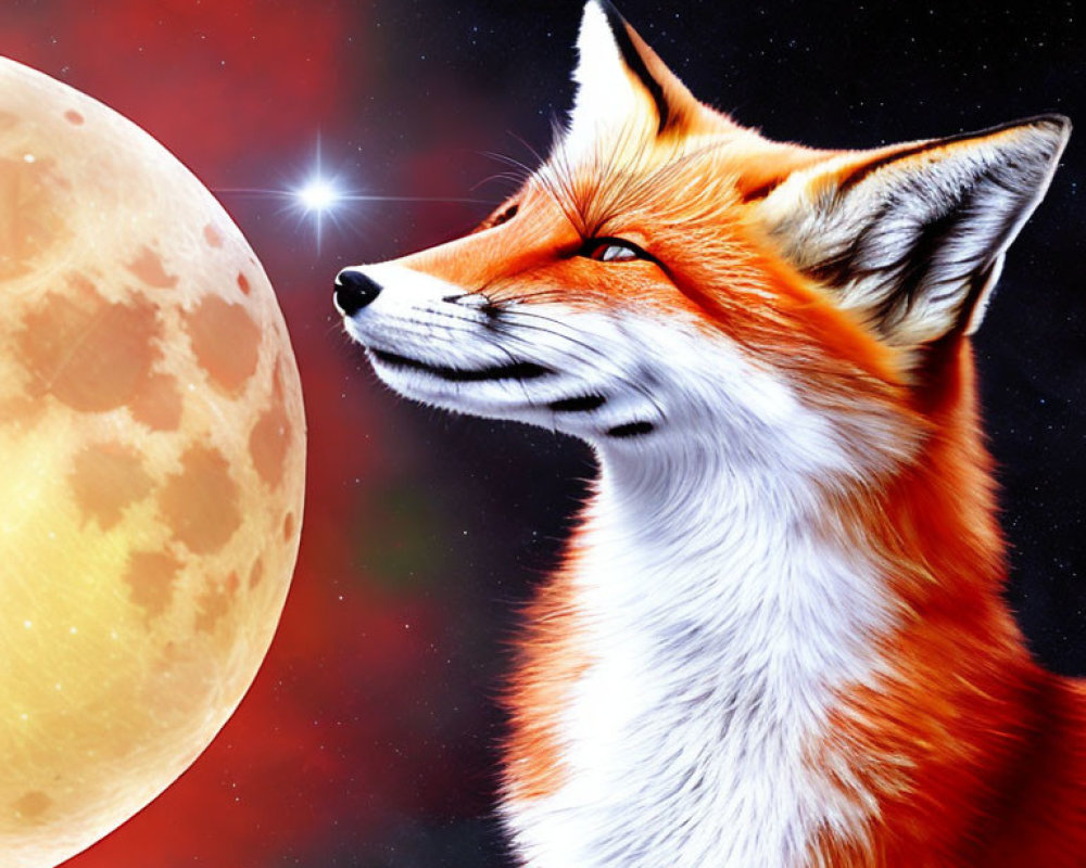 Detailed red fox illustration under starry sky