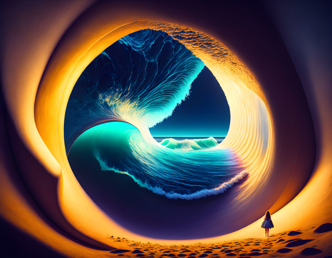 Person on Sand Dune Observing Giant Wave Tunnel with Blue and Orange Light