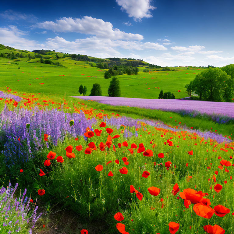 Colorful Field of Red Poppies and Purple Flowers Under Blue Sky