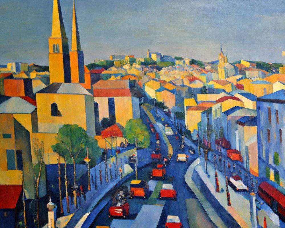 Vibrant city street painting with cathedral and colorful buildings