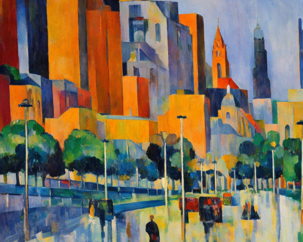 Colorful expressionist cityscape painting with figures on wet street, imposing buildings, and church spire