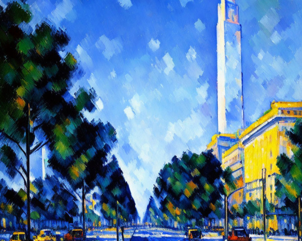 City street painting with tower, trees, and blue sky