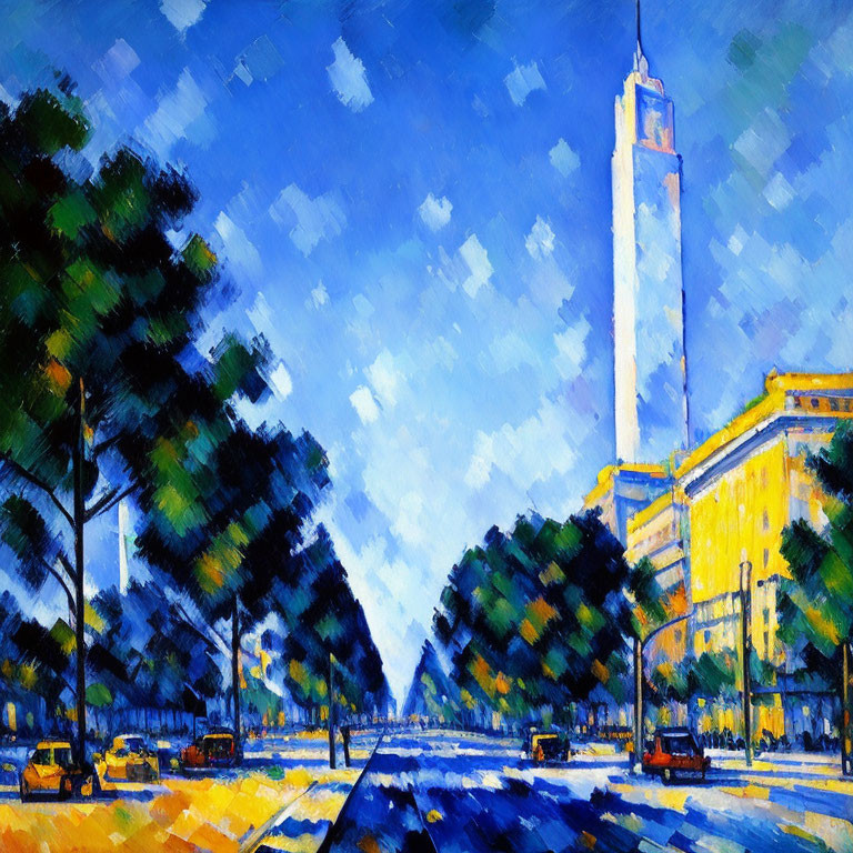 City street painting with tower, trees, and blue sky