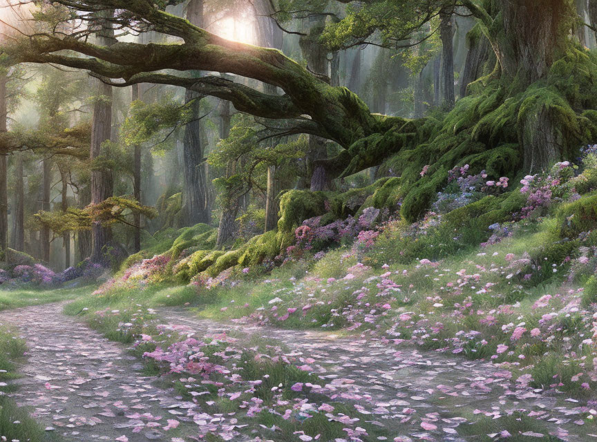 Tranquil Forest Path with Moss-Covered Trees and Flowers