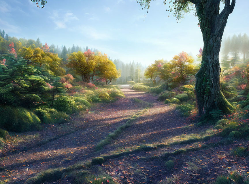 Tranquil forest pathway with autumn trees in morning light