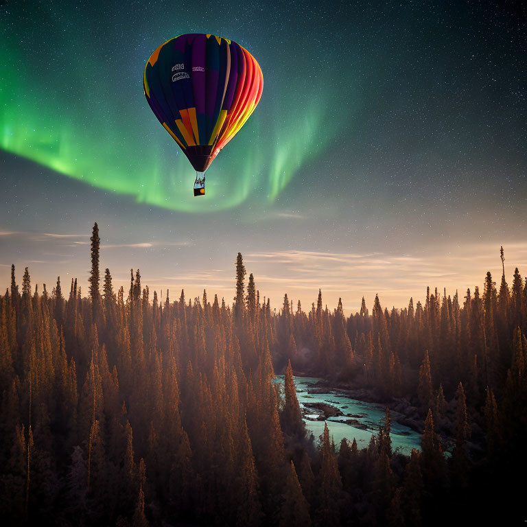 Hot air balloon in starlit sky with aurora borealis over evergreen forest and river