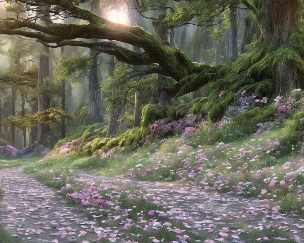 Tranquil Forest Path with Moss-Covered Trees and Flowers