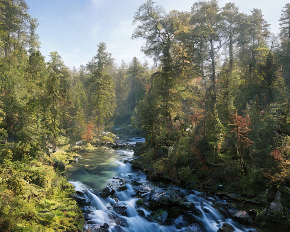 Tranquil river in lush forest with mix of trees under clear sky