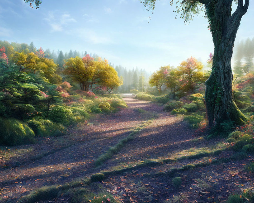 Tranquil forest pathway with autumn trees in morning light