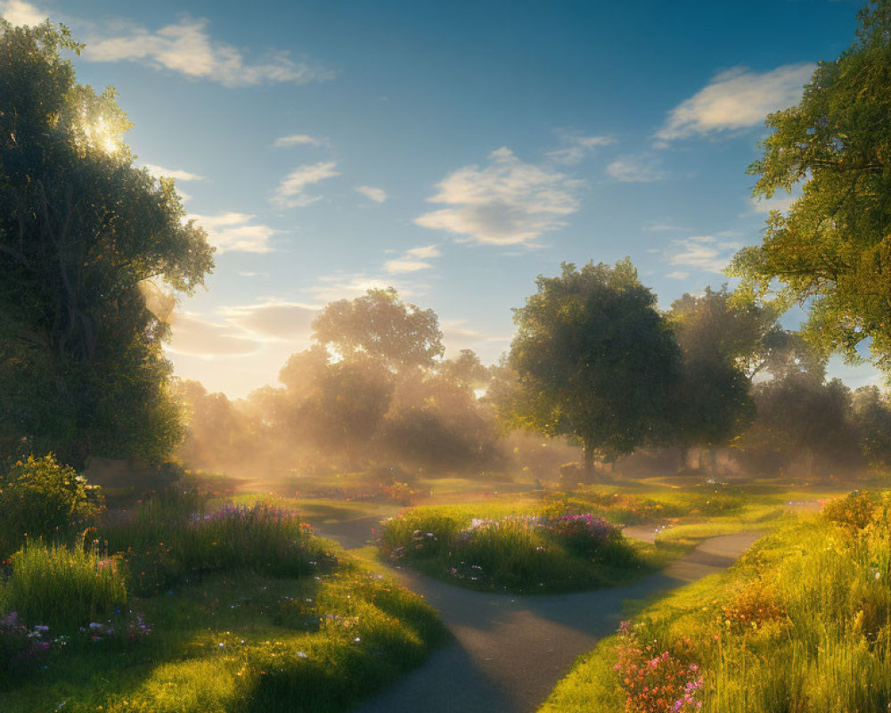 Sunrise park with sunbeams, lush flowers, and greenery on serene paths