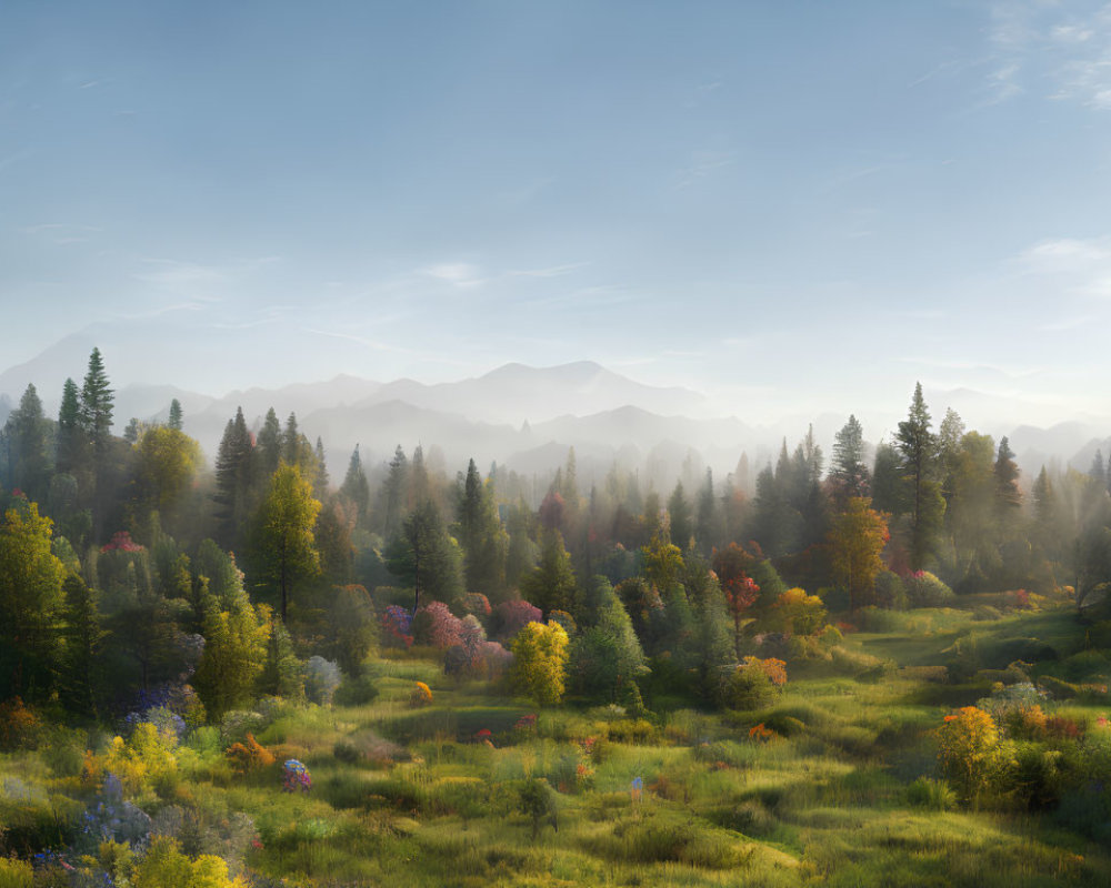 Tranquil forest scene with colorful foliage and misty mountains