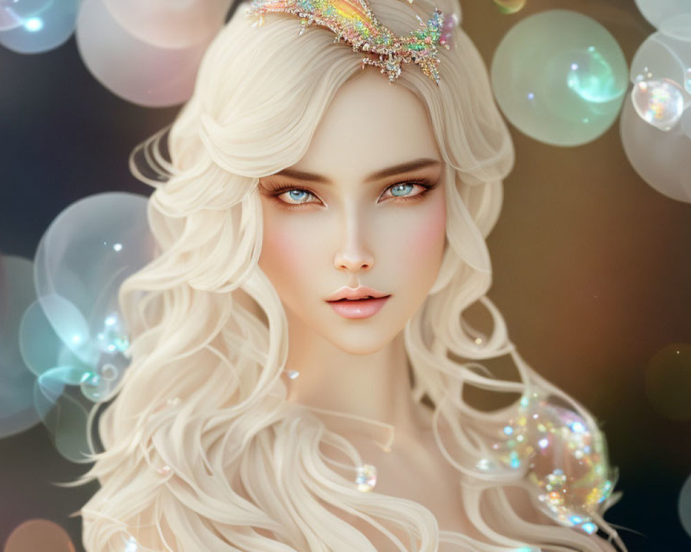 Fantasy portrait of woman with white hair, blue eyes, crystal tiara, and glowing orbs