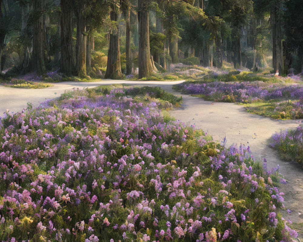 Tranquil Forest Path with Purple Flowers and Sunlight Glow